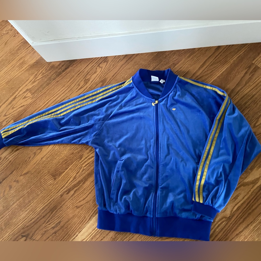Adidas Blue Track Jacket embossed logo velour w gold stripes & zipper pull